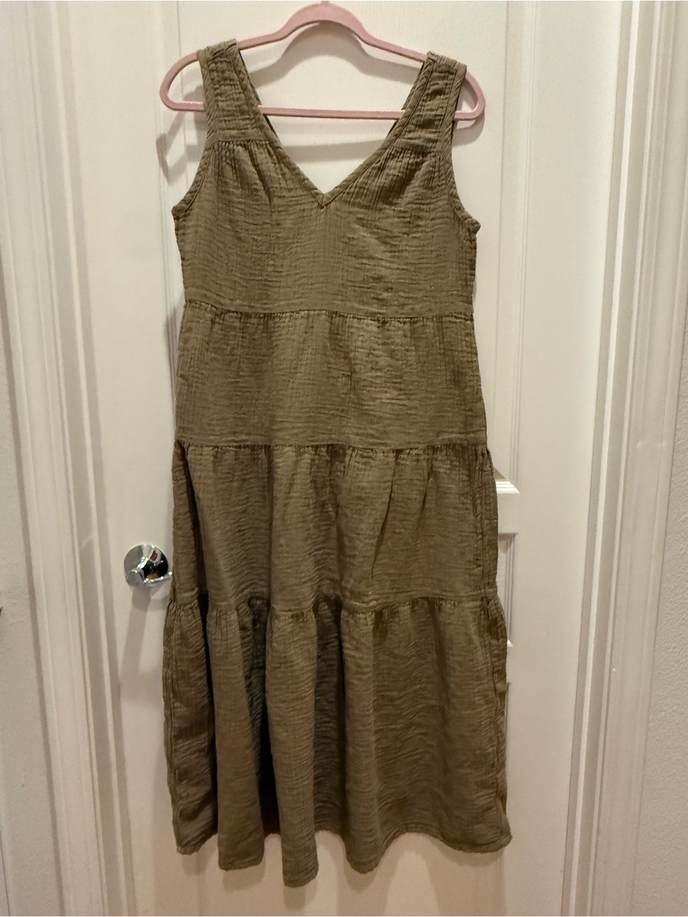 Quince Olive-Tone Sleeveless V-Neck Tiered Maxi Dress